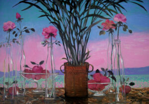 Michel-Henry’s Côte d’Emeraude: pink roses and tall dark foliage in glass vases and a woven basket, against a blue and pink coastal sky.
